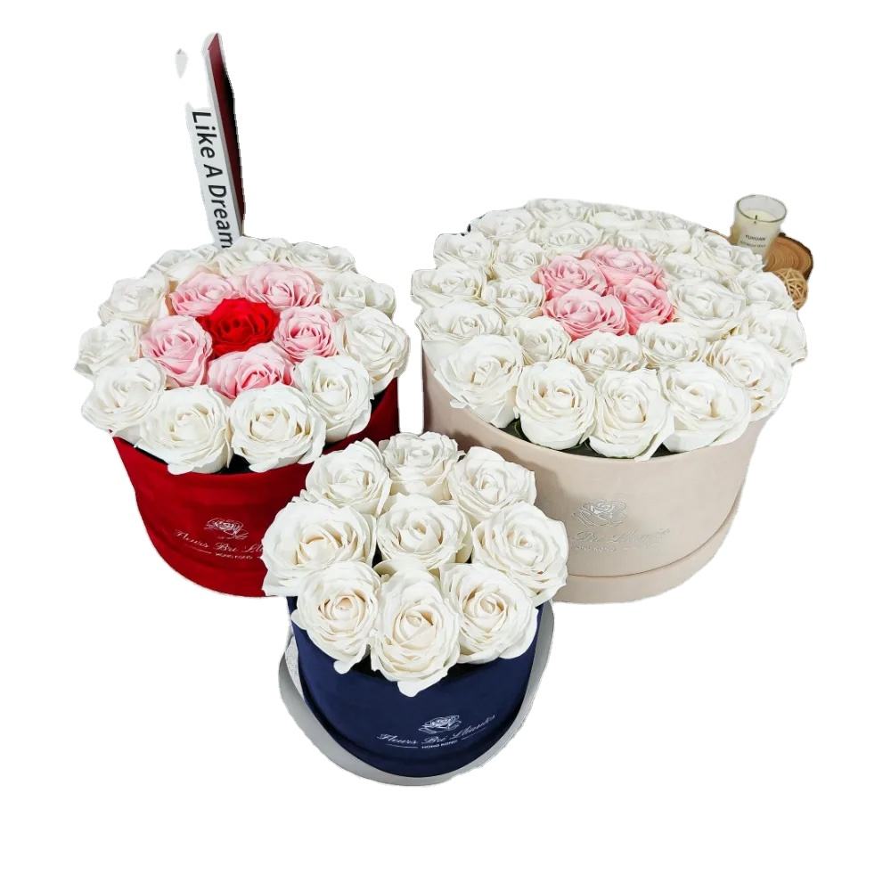 Ensemble personnalisé de boîtes à roses en daim préservées, emballage en carton pour fleurs, boîte-cadeau de fleurs en papier rigide biodégradable de forme ronde