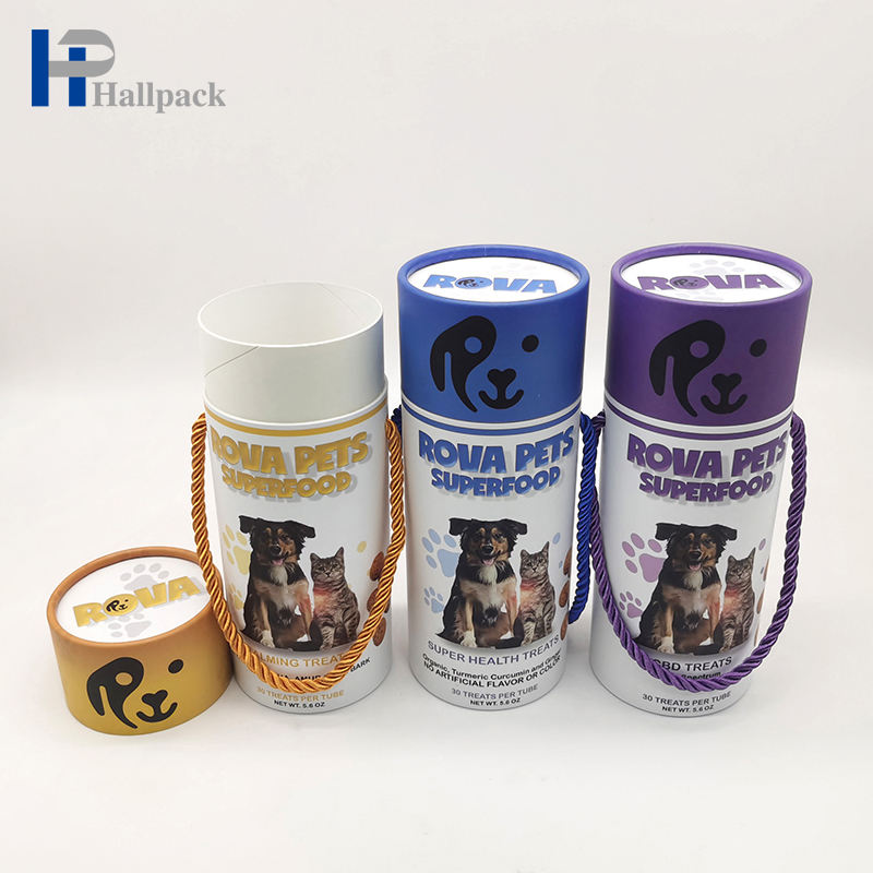 Boîte faite sur commande de tube de papier ondulé de casse-croûte d'animal familier de tube de papier de couleur avec la poignée