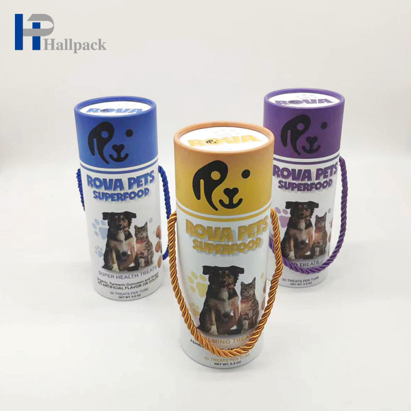 Boîte faite sur commande de tube de papier ondulé de casse-croûte d'animal familier de tube de papier de couleur avec la poignée