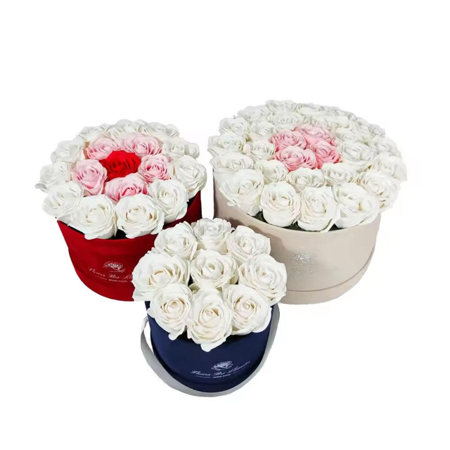 Ensemble de boîtes de roses en daim préservées, emballage en carton pour fleurs, papier de forme ronde rigide biodégradable personnalisé